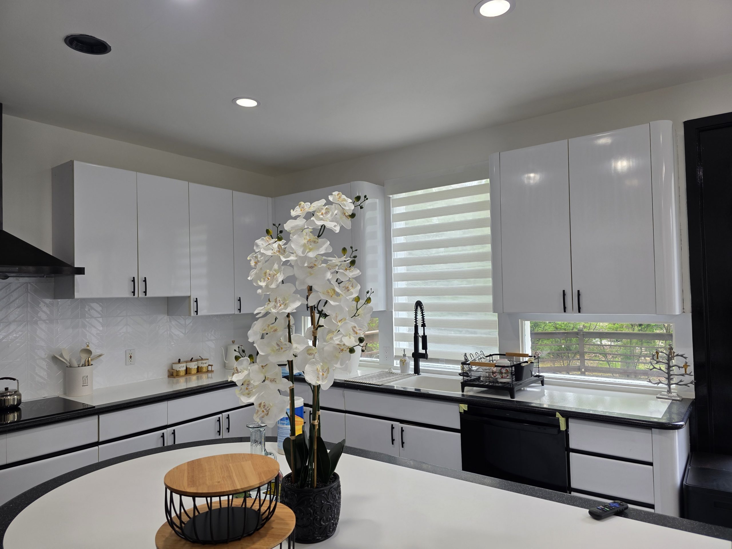 Modern zebra shades in kitchen